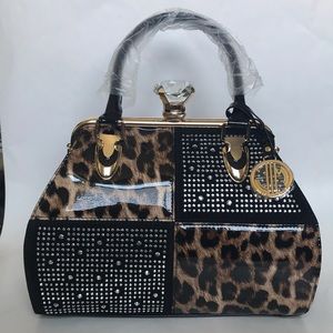 Patent black and leopard print handbag/tote